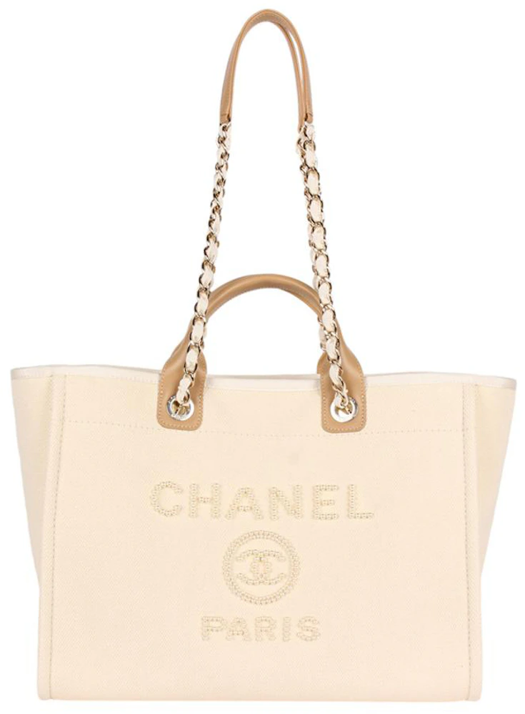 Chanel White Medium Pearls Deauville Shopping Tote Cream Cloth Cloth  ref.956621 - Joli Closet
