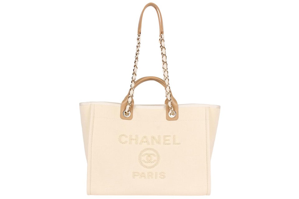 Chanel Deauville Pearl Tote Beige in Canvas with Silver-tone - US