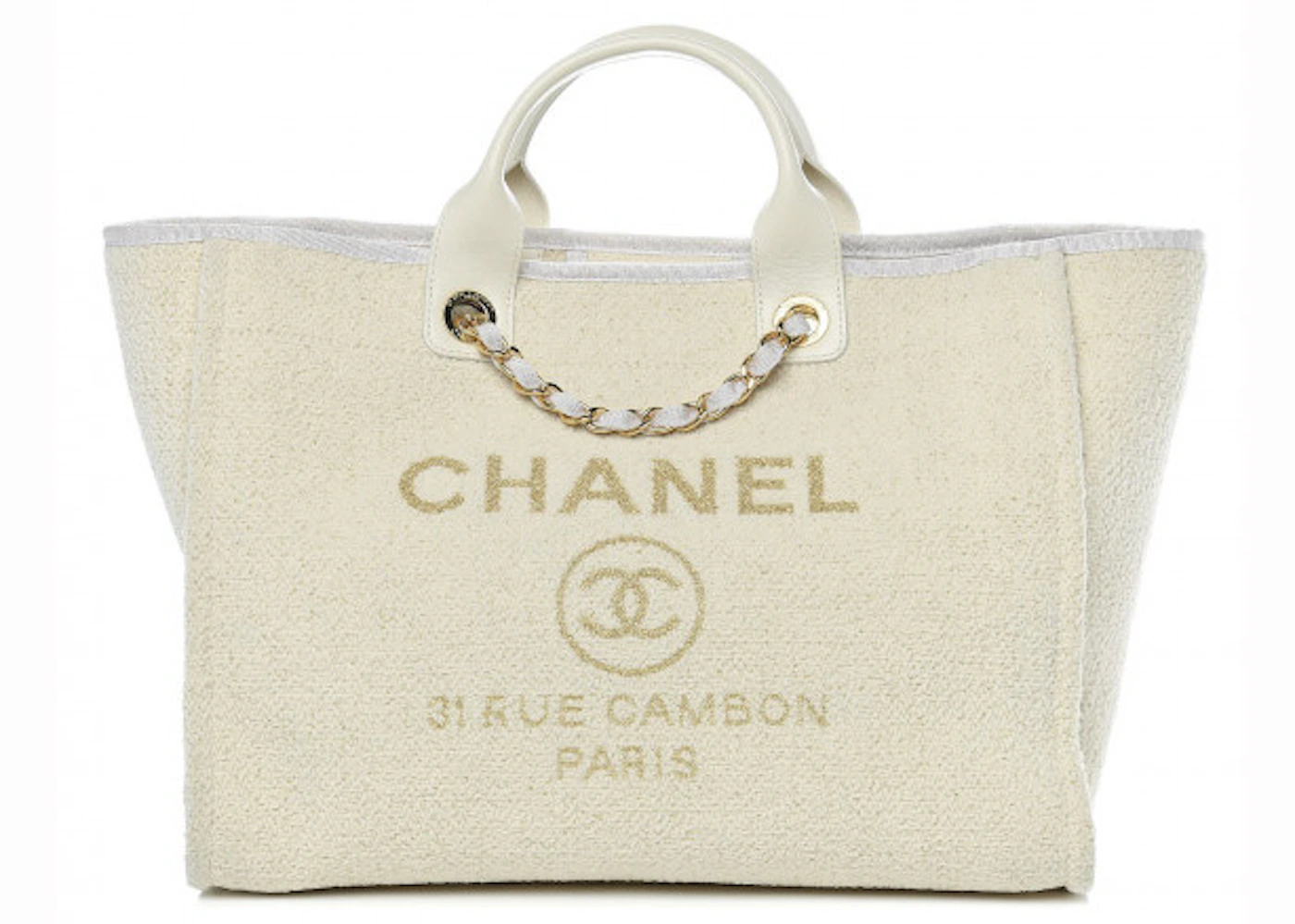 Chanel Deauville Tote Boucle Large White in Lurex/Mixed Fibers/Canvas with  Gold-tone - US