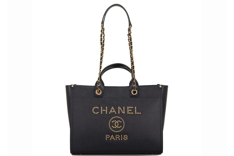 Chanel Deauville Tote Caviar Studded Large Navy in Grained