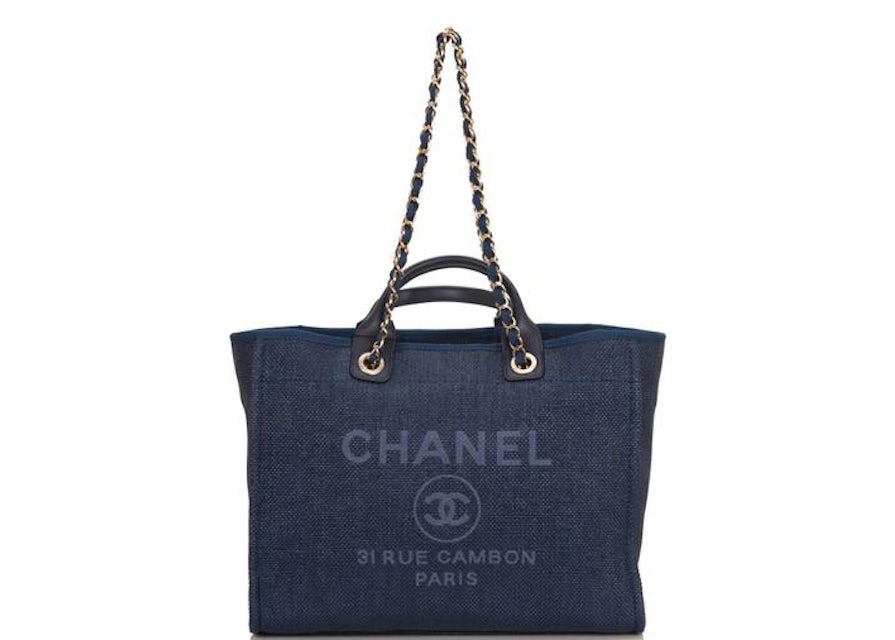 CHANEL Canvas Deauville Large Tote Denim Blue Shoulder Handbag-US