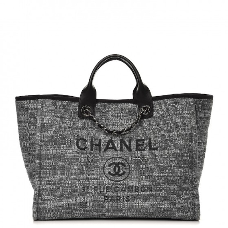 Chanel Deauville Tote Silver tone Large Charcoal in Canvas with Silver tone US