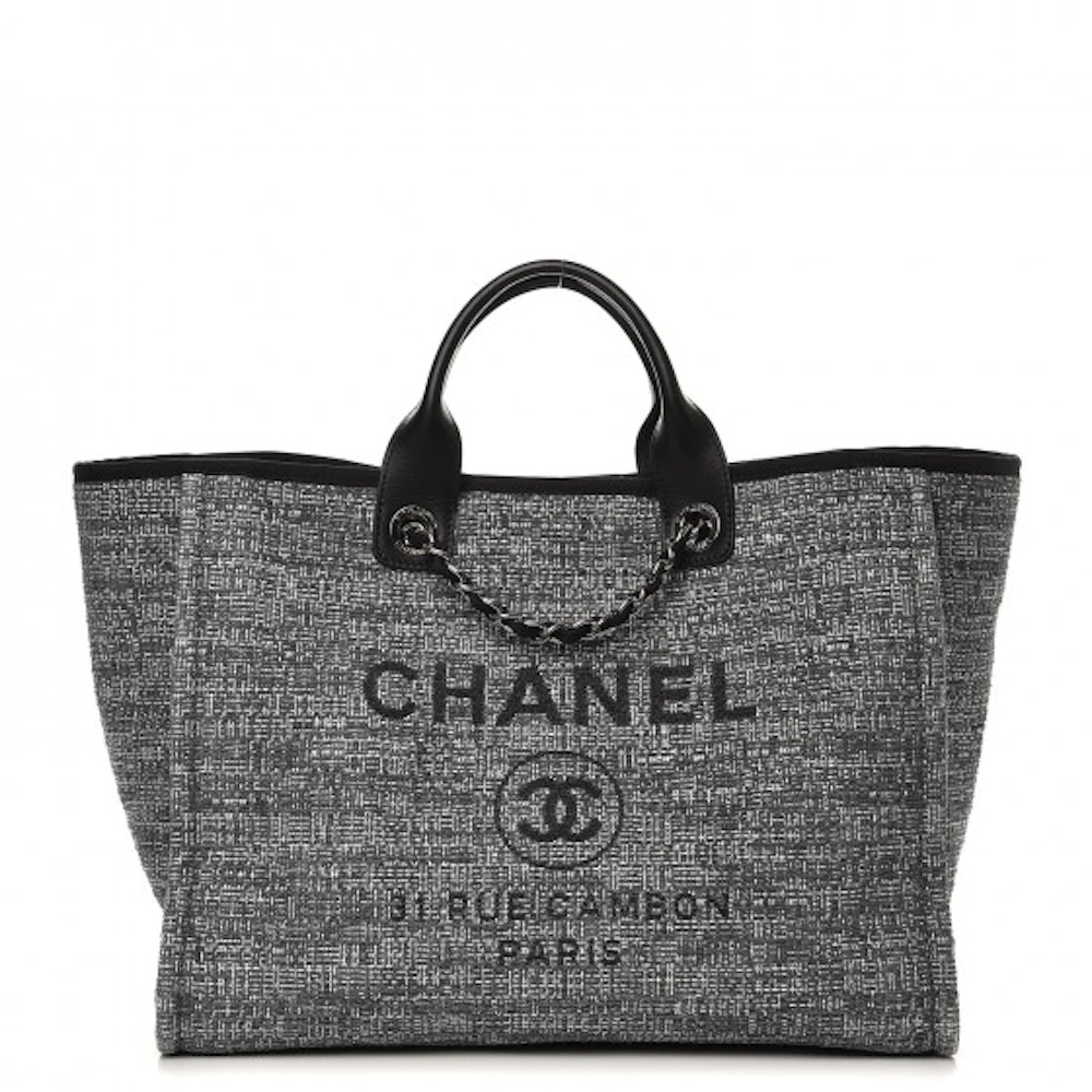 Chanel Deauville Tote Silver-tone Large Charcoal in Canvas with