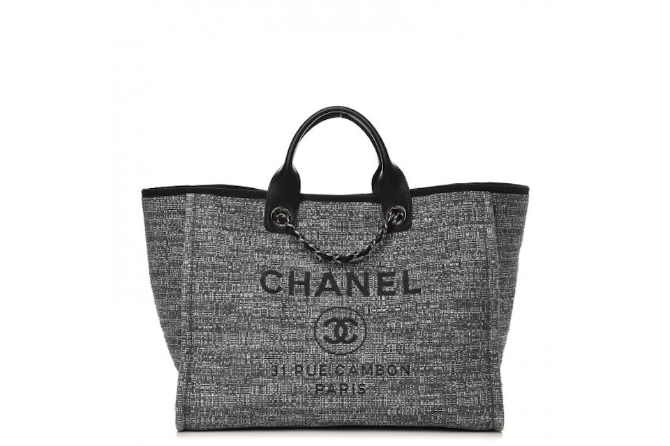 Chanel Deauville Tote Silver-tone Large Charcoal in Canvas with Silver-tone  - US