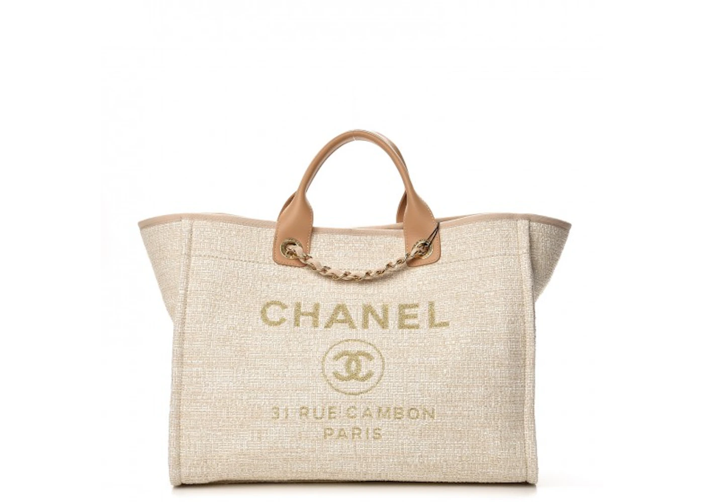 Chanel Deauville Tote Large Light Beige in Canvas with Silver-tone - US