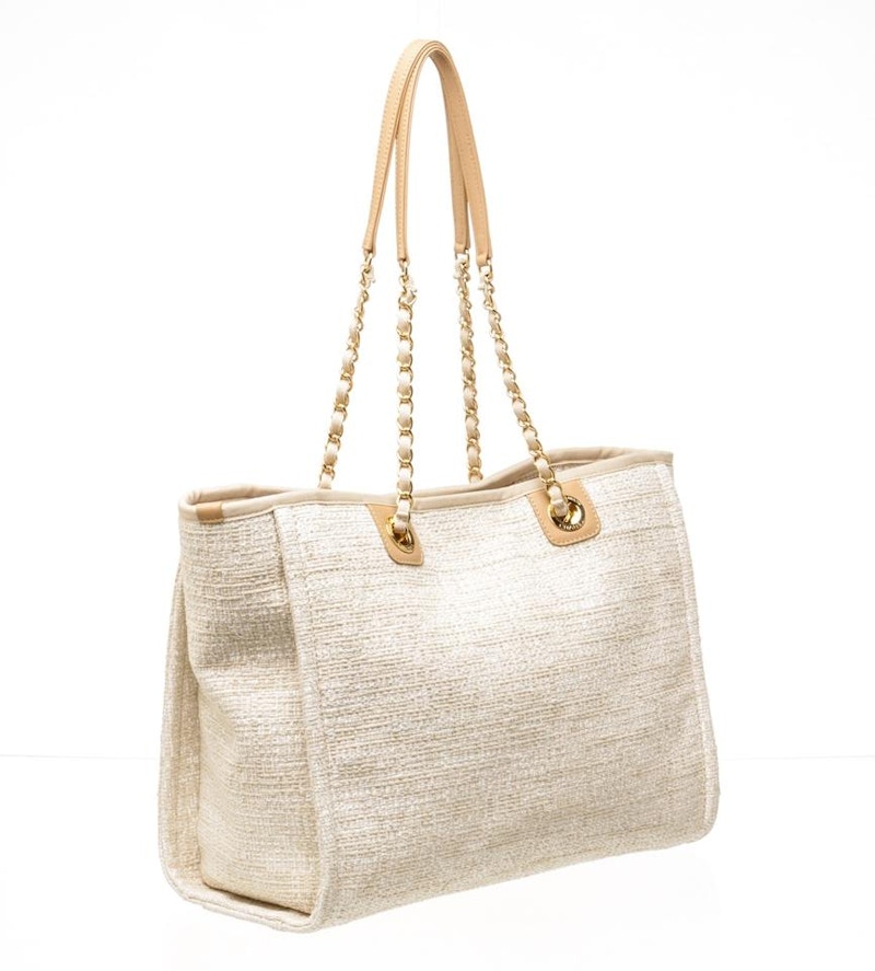 Chanel Deauville Tote Canvas Gold tone Small Beige in Canvas with