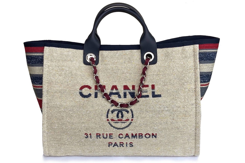 Chanel Deauville Tote Stripe Beige in Canvas with Silver-tone - DE