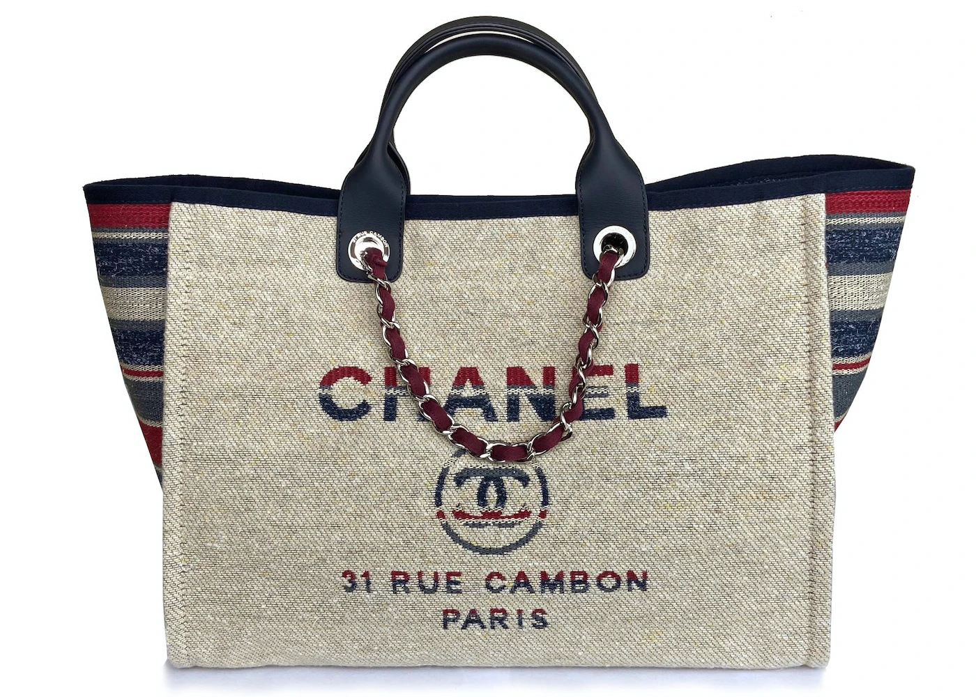 Chanel Deauville Tote Stripe Beige in Canvas with Silver-tone - US