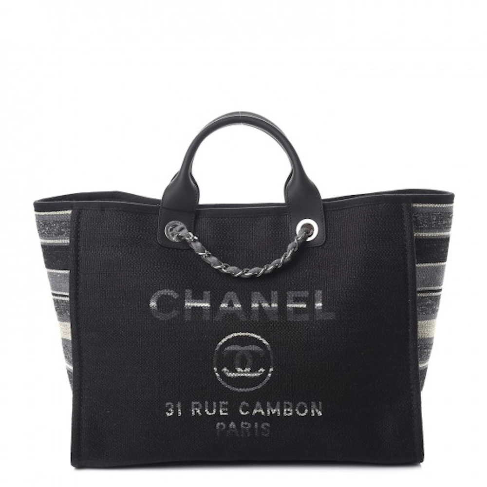 Chanel Deauville Tote Striped Canvas Silver-tone Large Black in Canvas with  Silver-tone - US