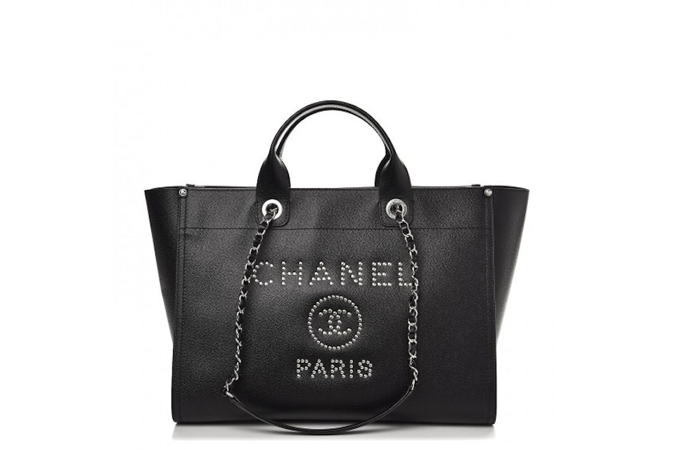 Chanel Deauville Tote Studded Medium Black in Caviar with Silver