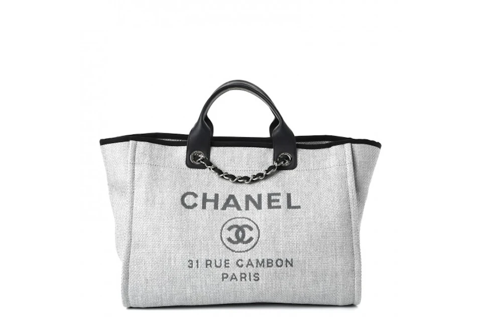 Chanel Deauville Tote Woven Large Grey/Black in Straw/Raffia with  Silver-Tone - US