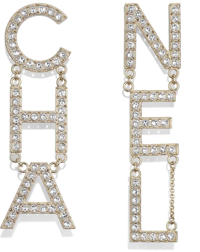 Gold Metal, Imitation Pearl, Strass CC Chain Link Drop Earrings, 2020