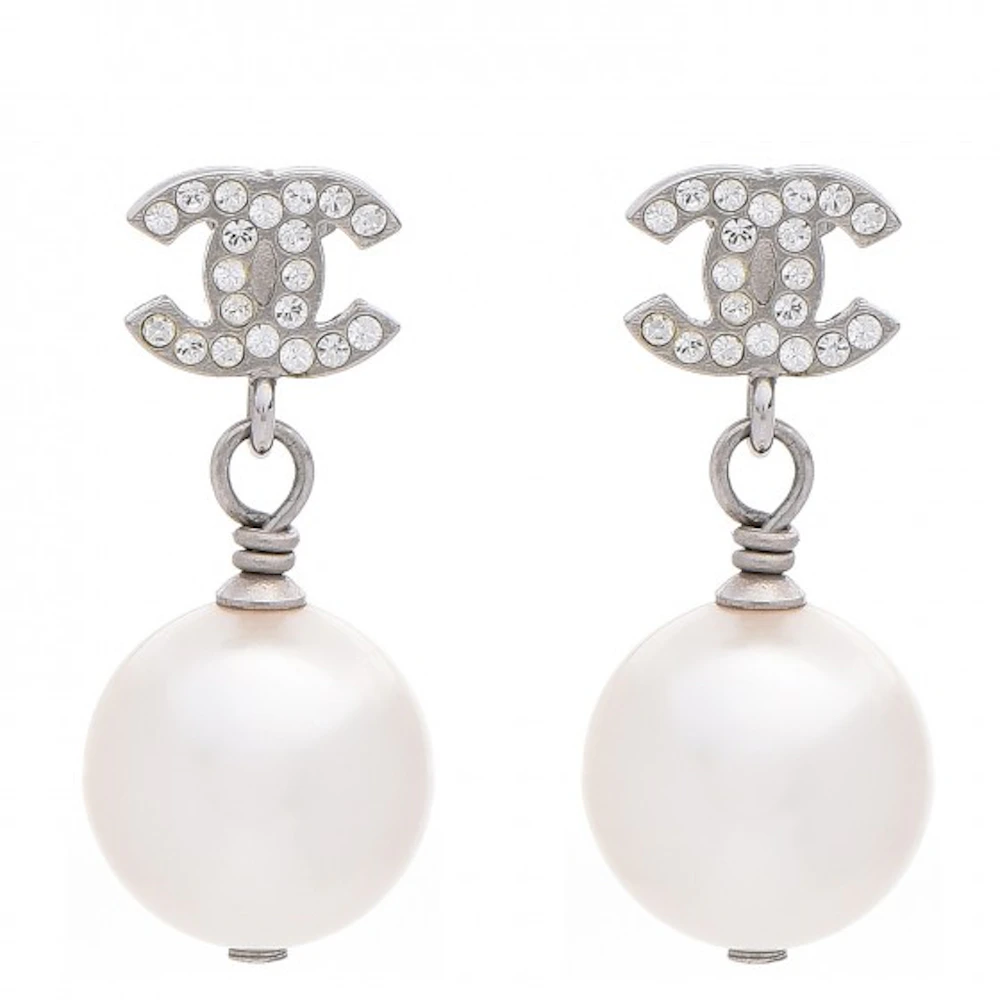 Chanel CC Drop Earrings Crystal Pearl Silver in Resin Pearl with Resin Pearl  - US