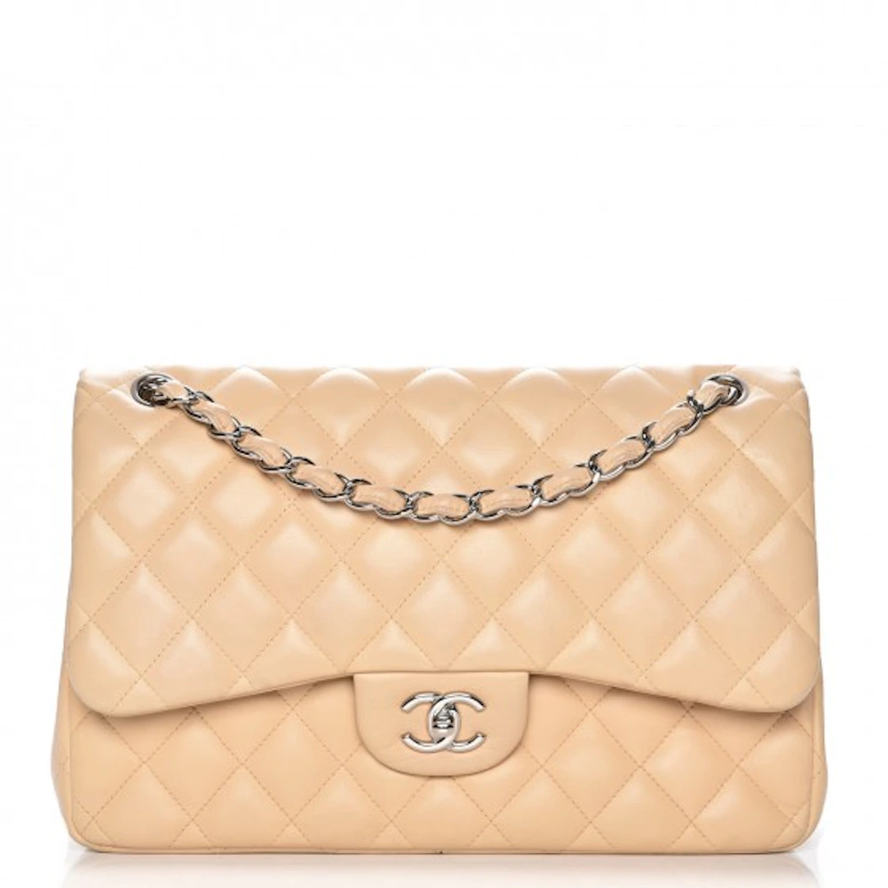Chanel Double Flap Quilted Diamond Jumbo Gold-tone Beige in Lambskin with  Silver-tone - US