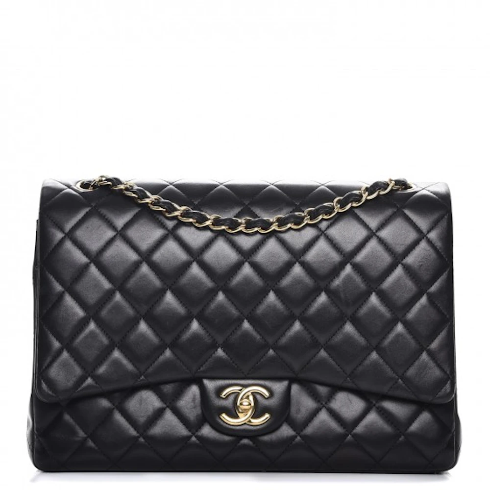Chanel Double Flap Quilted Diamond Maxi Gold-tone Black in Lambskin ...
