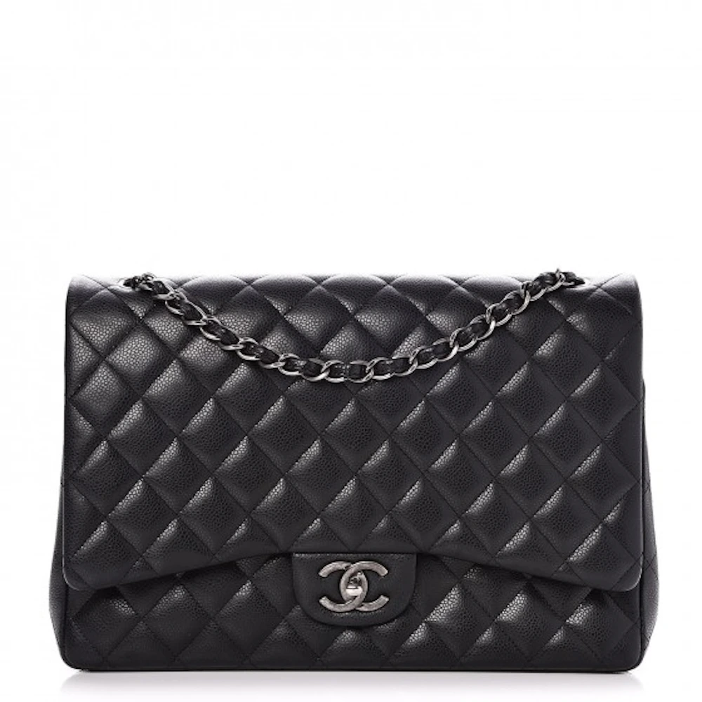 Chanel Double Flap Quilted Diamond Maxi Ruthenium-tone Black in Caviar ...