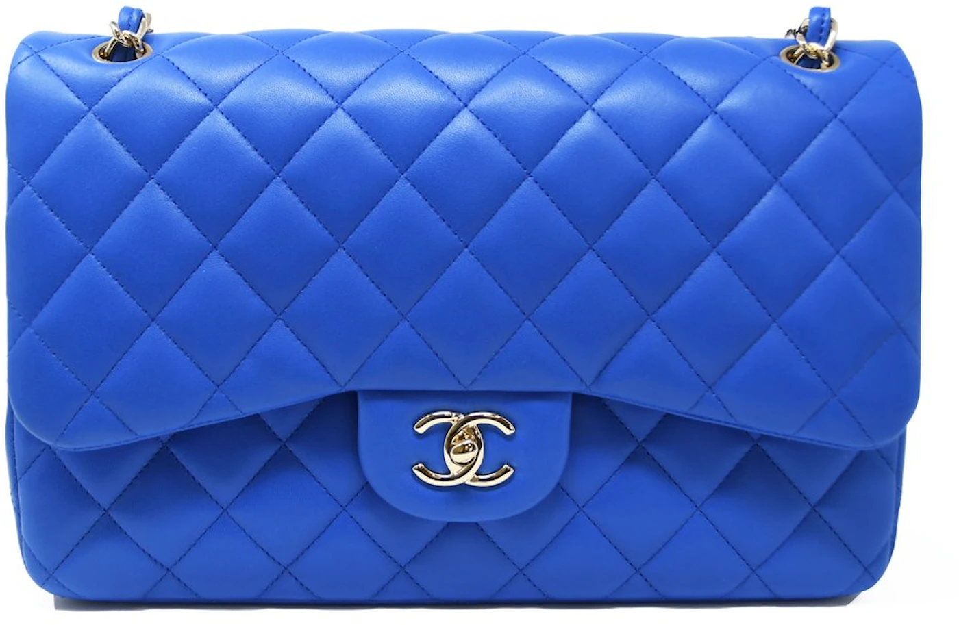Chanel Double Flap Quilted Lambskin Gold-tone Jumbo Bright Blue in Lambskin  with Light Gold-tone - US
