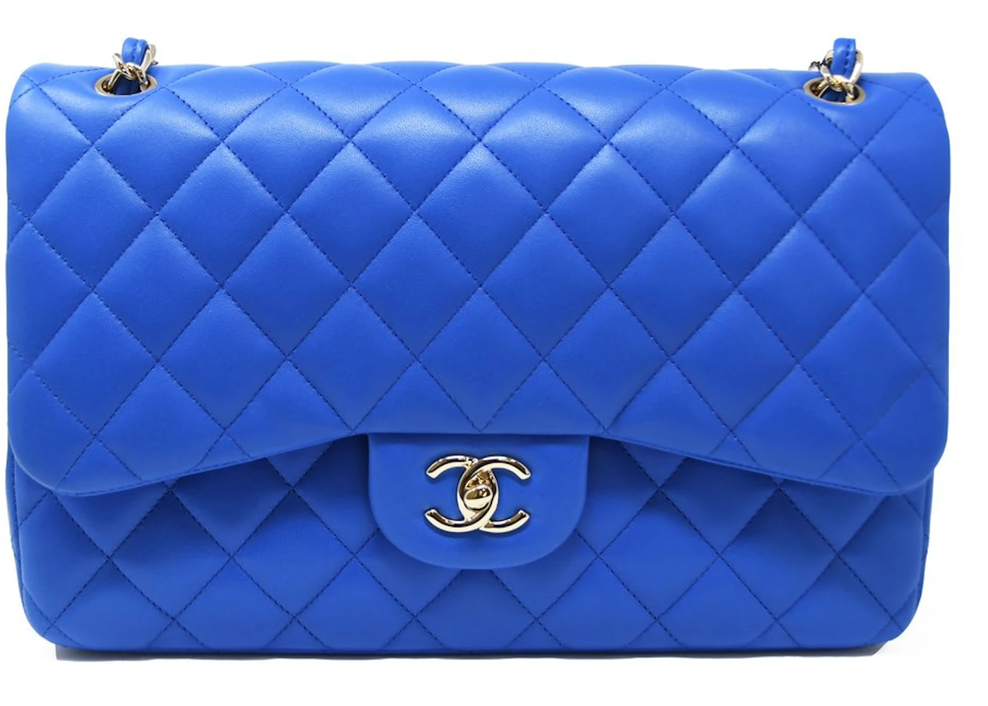 Chanel Double Flap Quilted Lambskin Gold-tone Jumbo Bright Blue in Lambskin  with Light Gold-tone - US