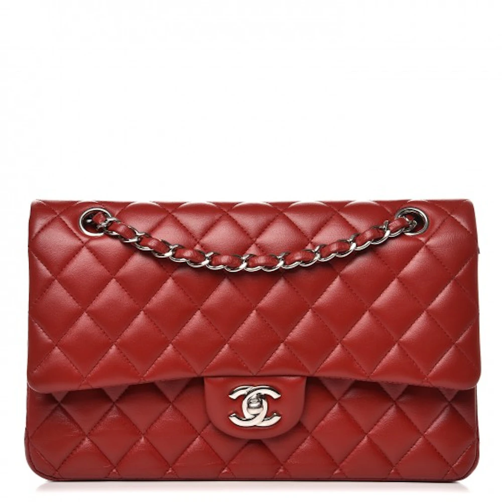 Chanel Double Flap Quilted Lambskin Silver-tone Medium Red in