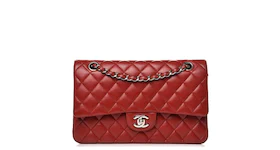 Chanel Double Flap Quilted Lambskin Silver-tone Medium Red