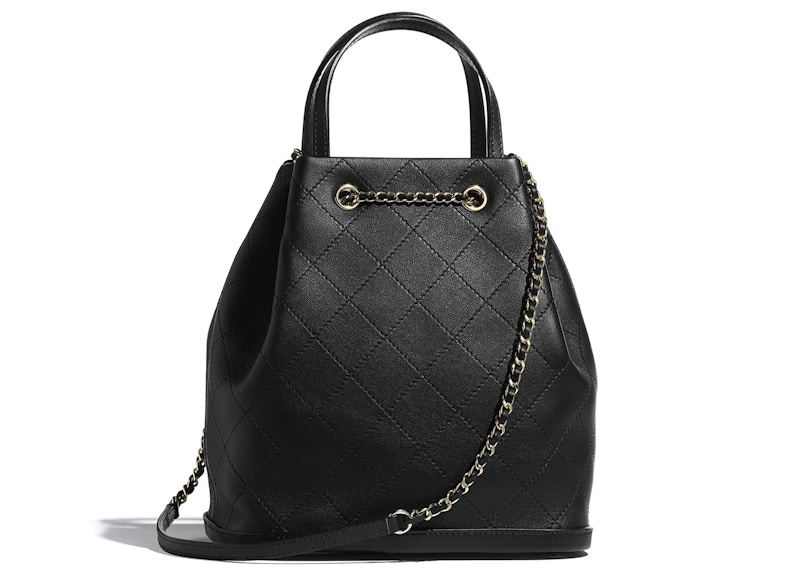 Chanel Drawstring Bag Calfskin Gold tone Large Black in Calfskin