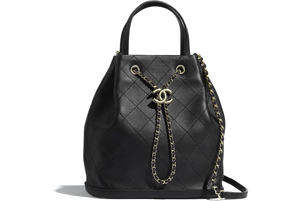 Chanel Drawstring Bag Calfskin Gold-tone Large Black in Calfskin with ...