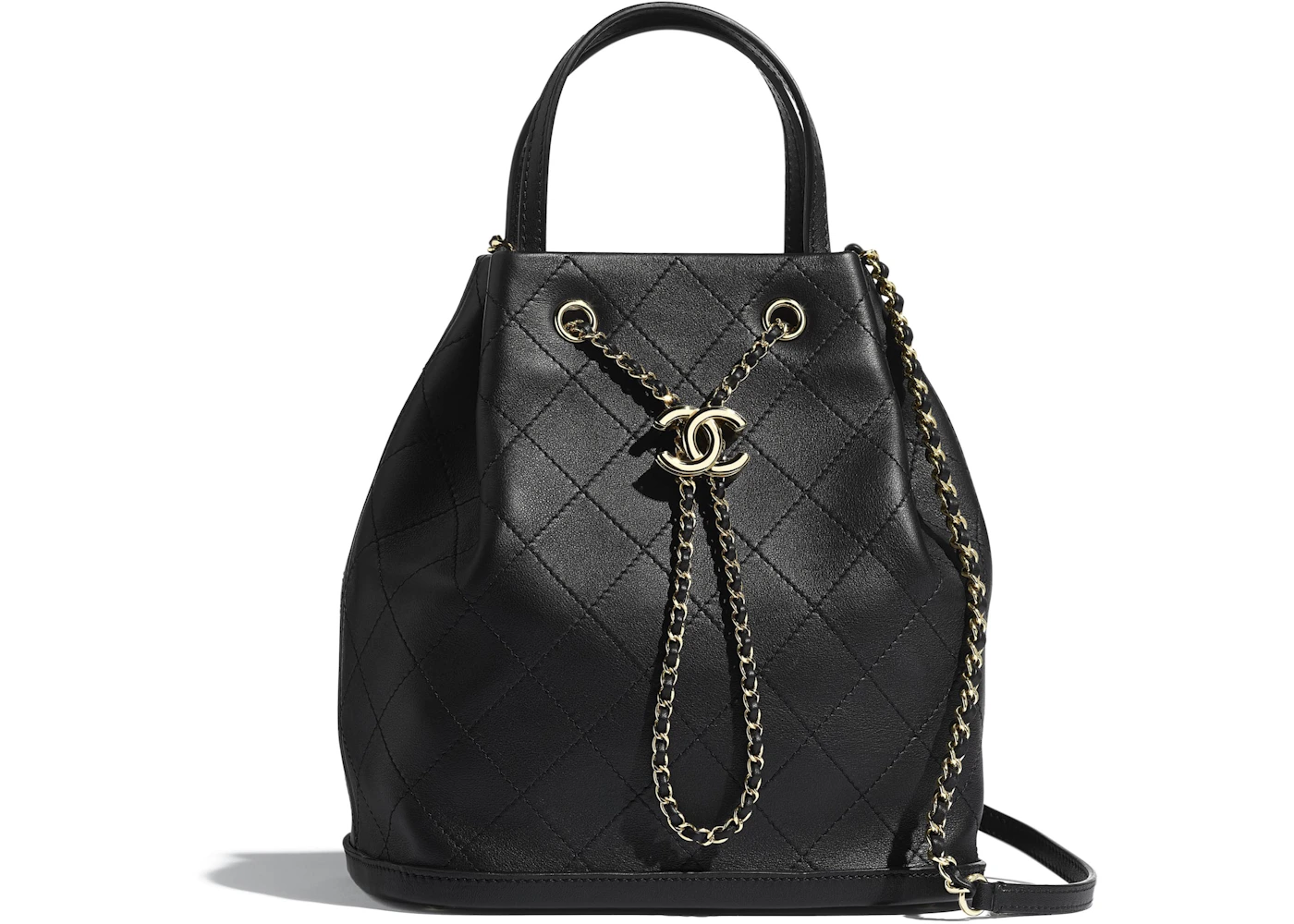 Chanel Drawstring Bag Calfskin Gold-tone Large Black in Calfskin with ...