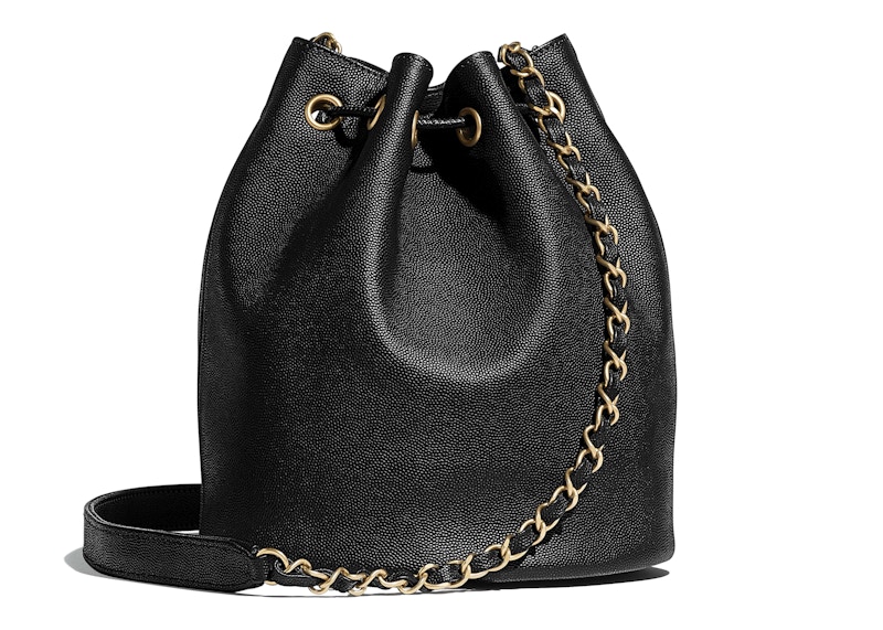 Chanel Drawstring Bag Goldtone Small Black in Grained Calfskin with