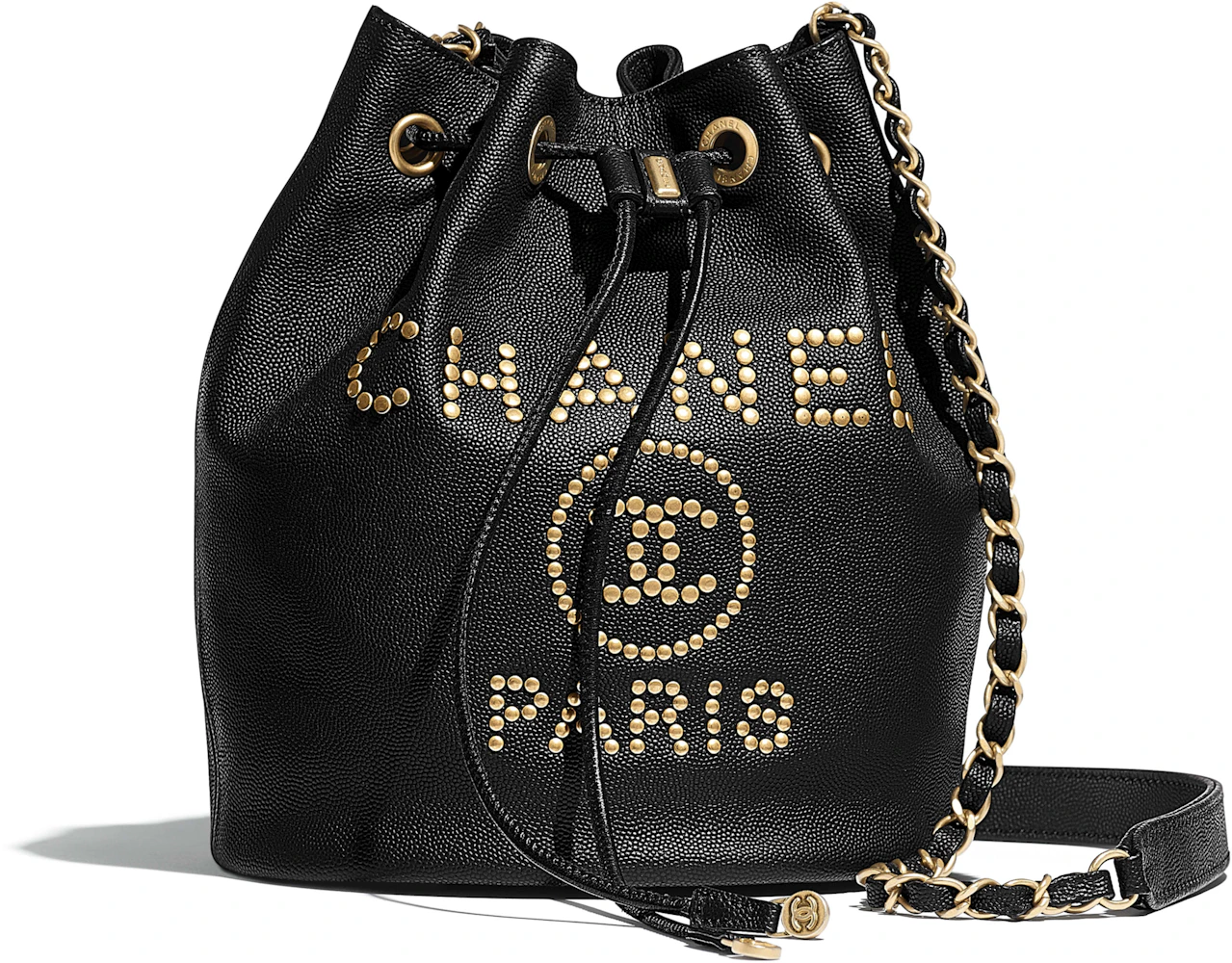 Chanel Black Quilted Caviar CC Drawstring Handle Bucket Bag Gold