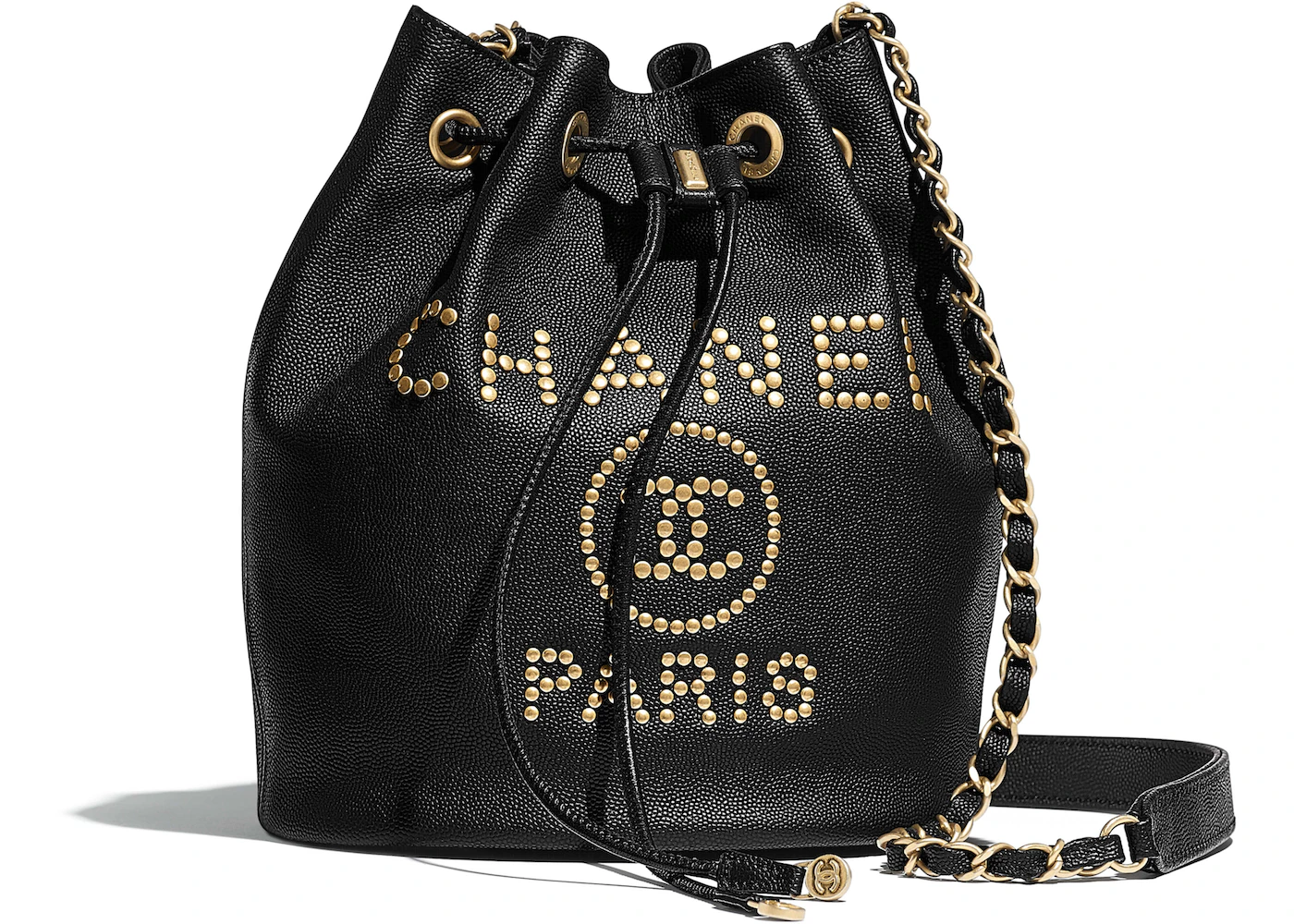 Chanel Drawstring Bag Gold-tone Small Black in Grained Calfskin with Gold- tone - US