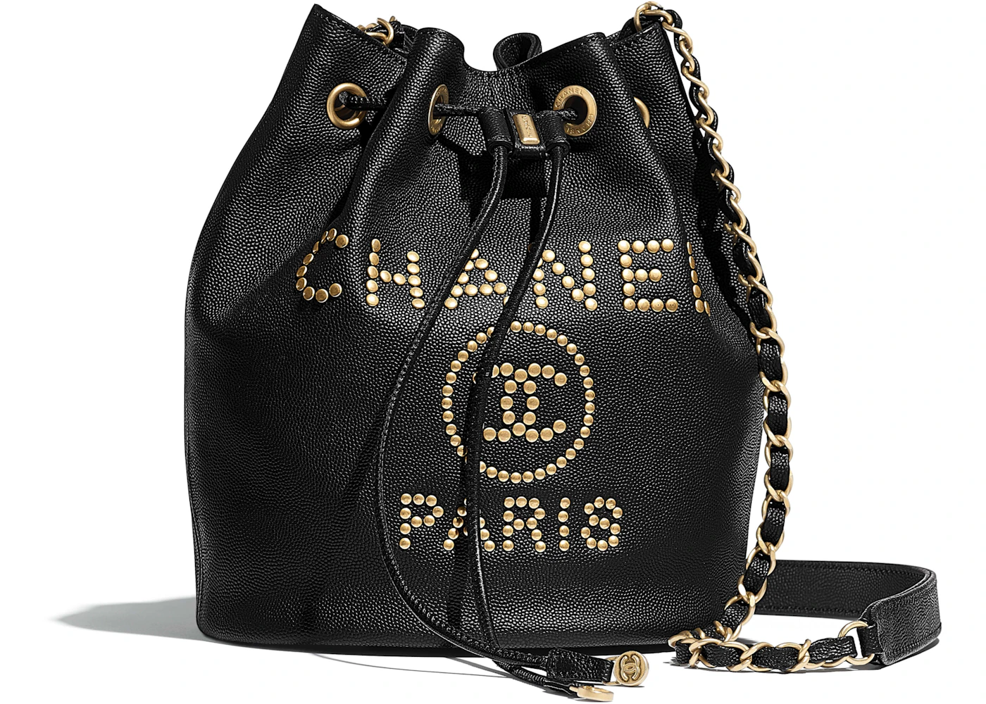 Chanel Drawstring Bag Gold-tone Small Black in Grained Calfskin with ...