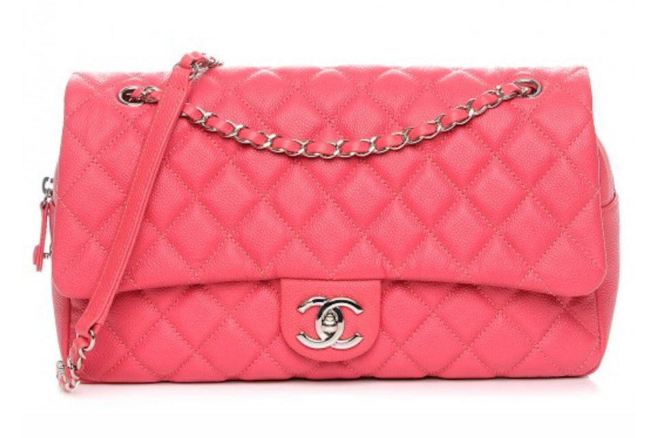 Chanel Easy Flap Quilted Diamond Jumbo Coral Pink in Caviar with