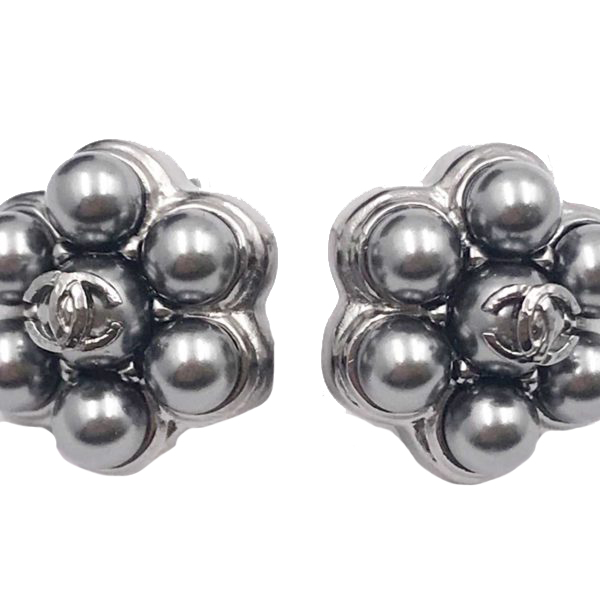 Chanel Faux Pearl Flower Earrings Gunmetal Silver 1