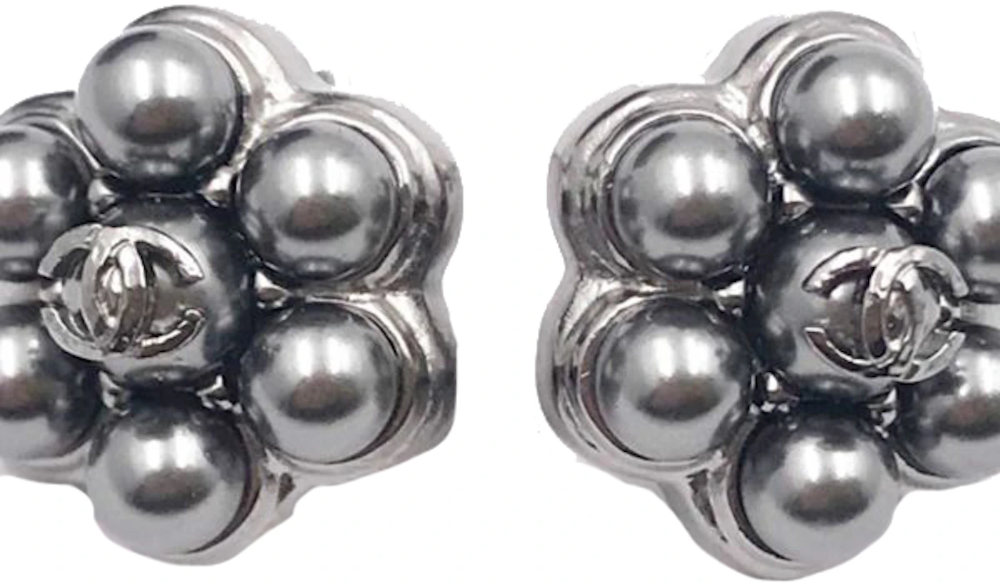 Chanel Faux Pearl Flower Earrings Gunmetal Silver in Metal with
