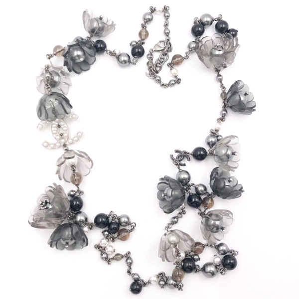 Chanel Faux Pearl Flower Necklace Long Glack Grey 2