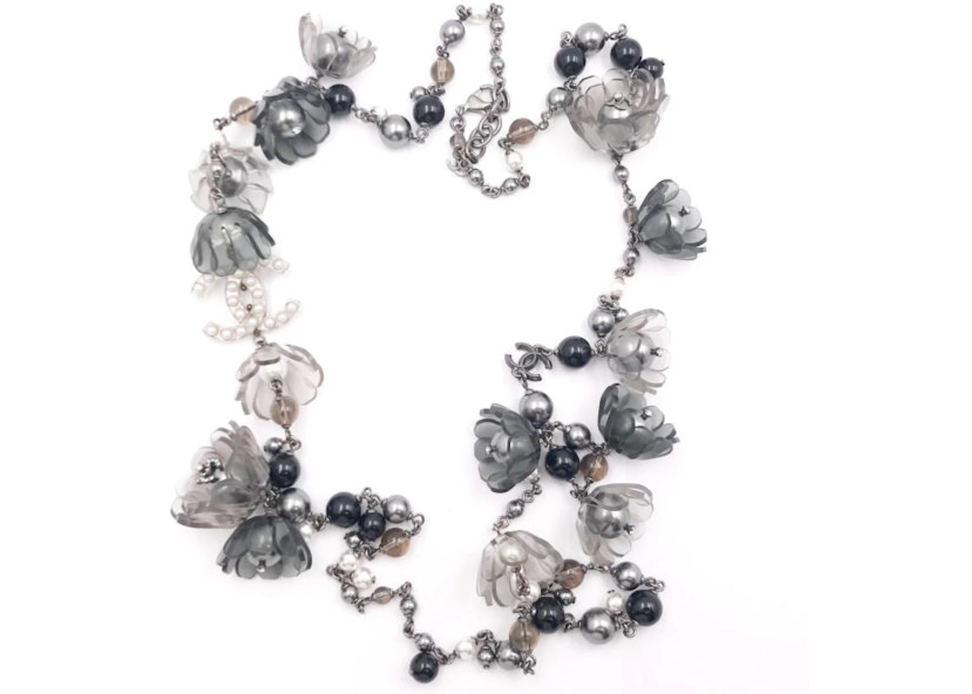 Chanel Faux Pearl Flower Necklace Long Glack/Grey in Resin/Metal with  Silver-tone - US