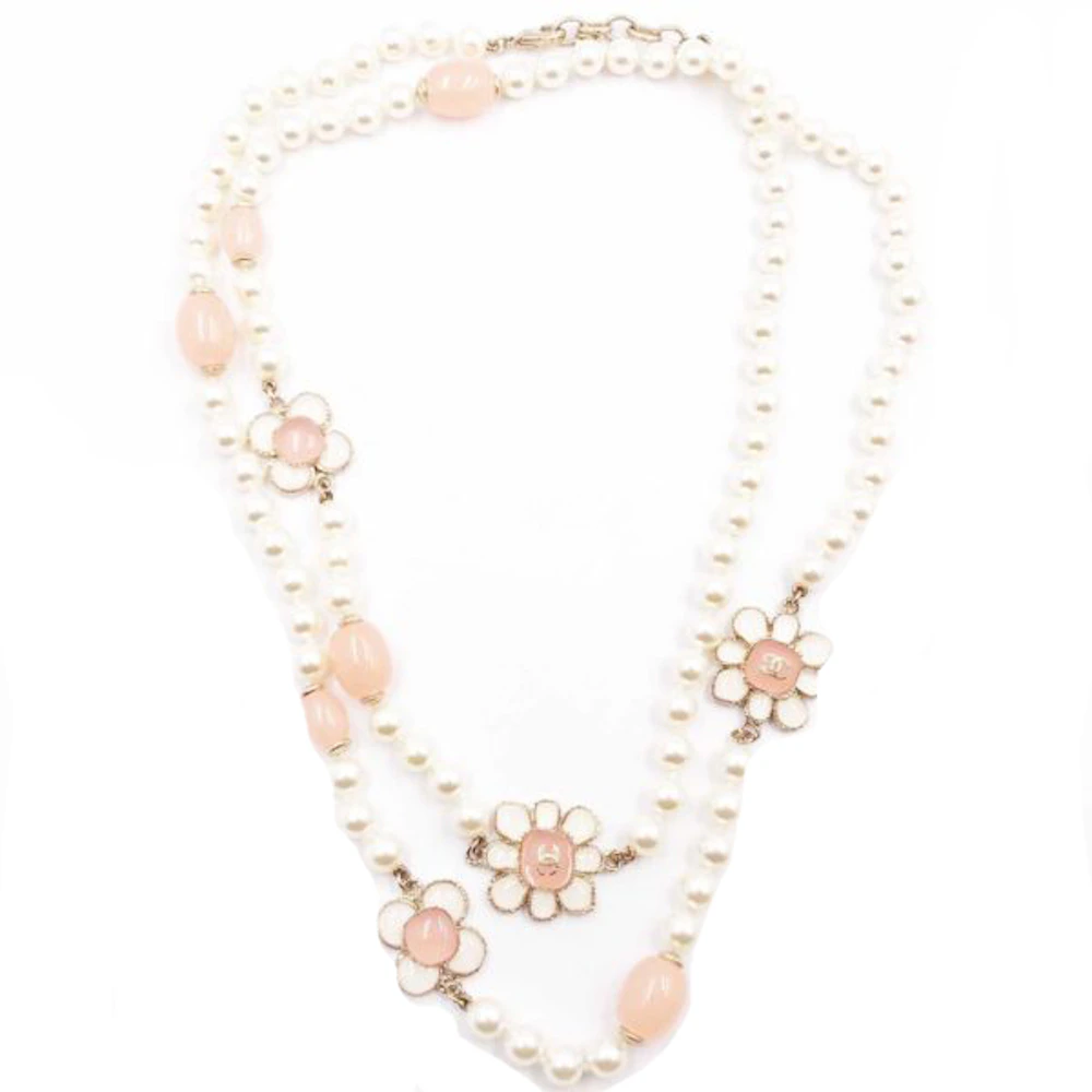 Chanel Faux Pearl Flower Necklace Long White/Pink in Enamel with Gold-tone  - US
