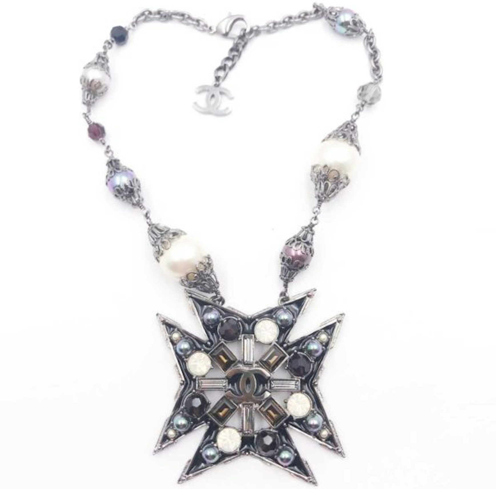 CHANEL Crystal Pearl Twisted CC Drop Necklace Silver