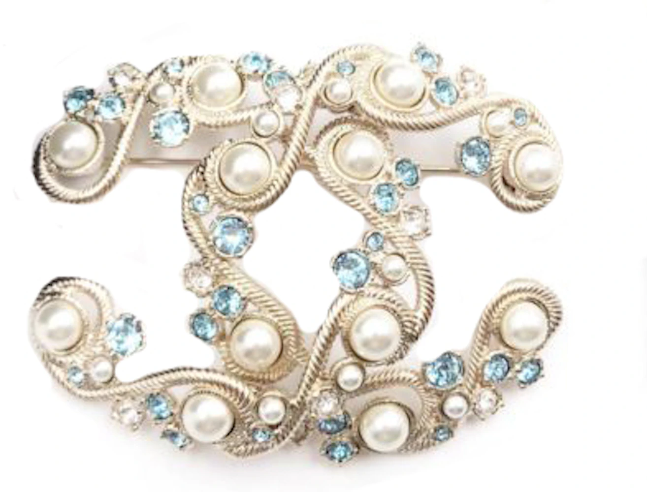 Chanel Filigree Brooch Crystal Pearl Large Gold/Blue in Metal with