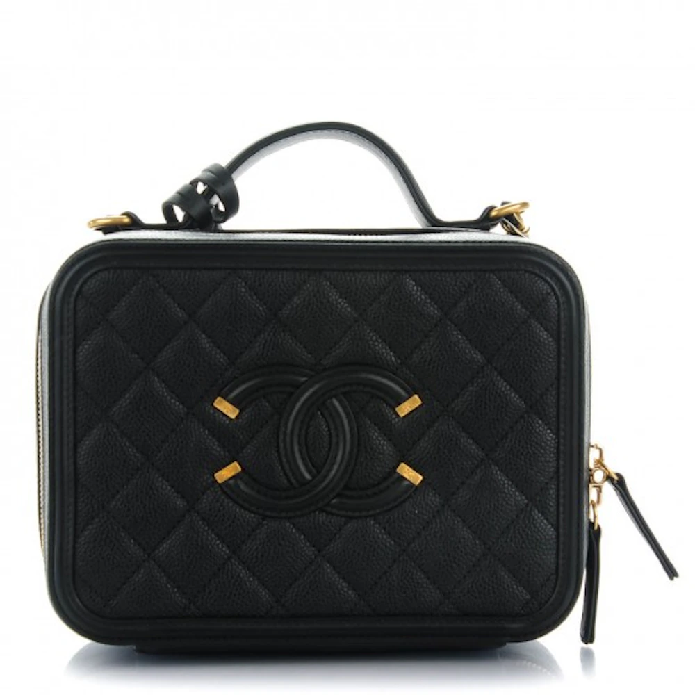 CHANEL Caviar Quilted Small CC Filigree Vanity Case Beige Black