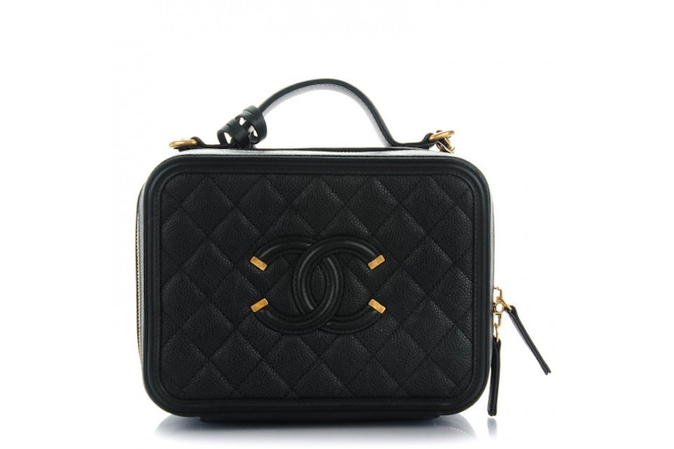 Chanel Filigree Vanity Case Quilted Caviar Gold-tone Medium Black