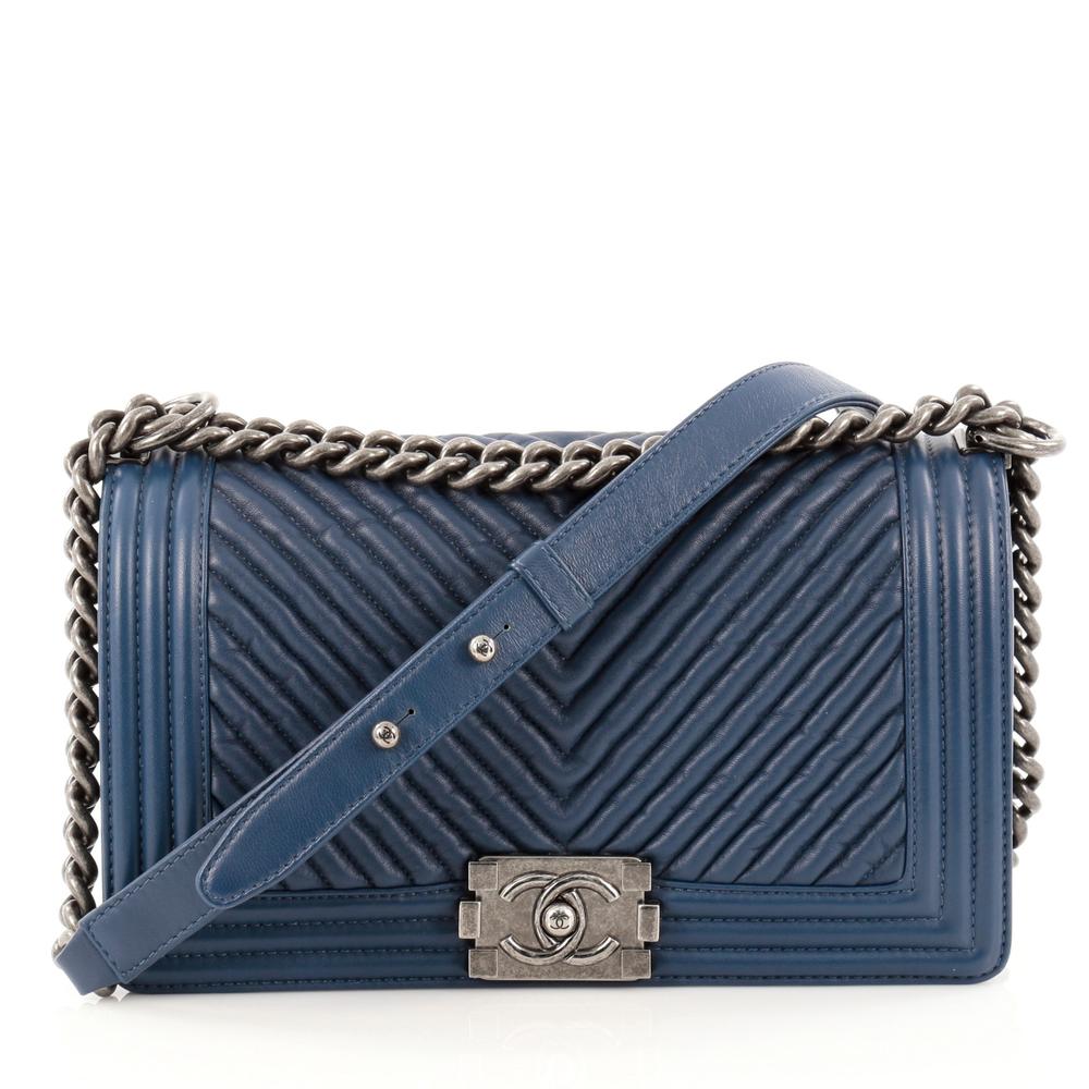 Chanel Boy Flap Bag Quilted Chevron Wrinkled Old Medium Navy Blue ...