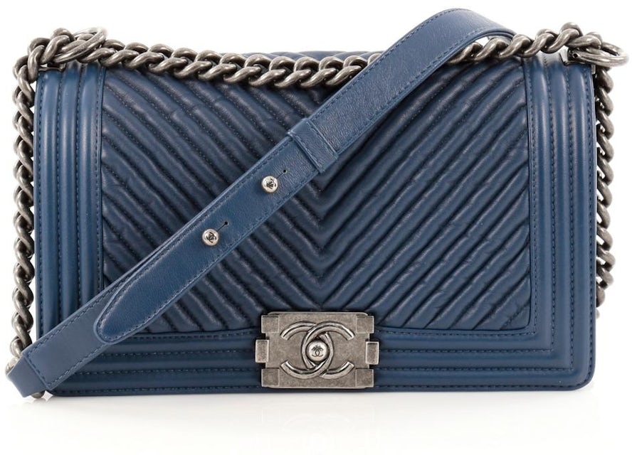 Chanel Boy Flap Bag Quilted Chevron Wrinkled Old Medium Navy Blue in  Lambskin with Gunmetal - US