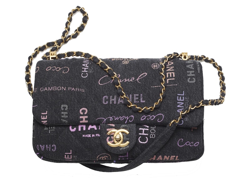 Chanel Flap Bag Large Black in Printed Denim with Gold tone US