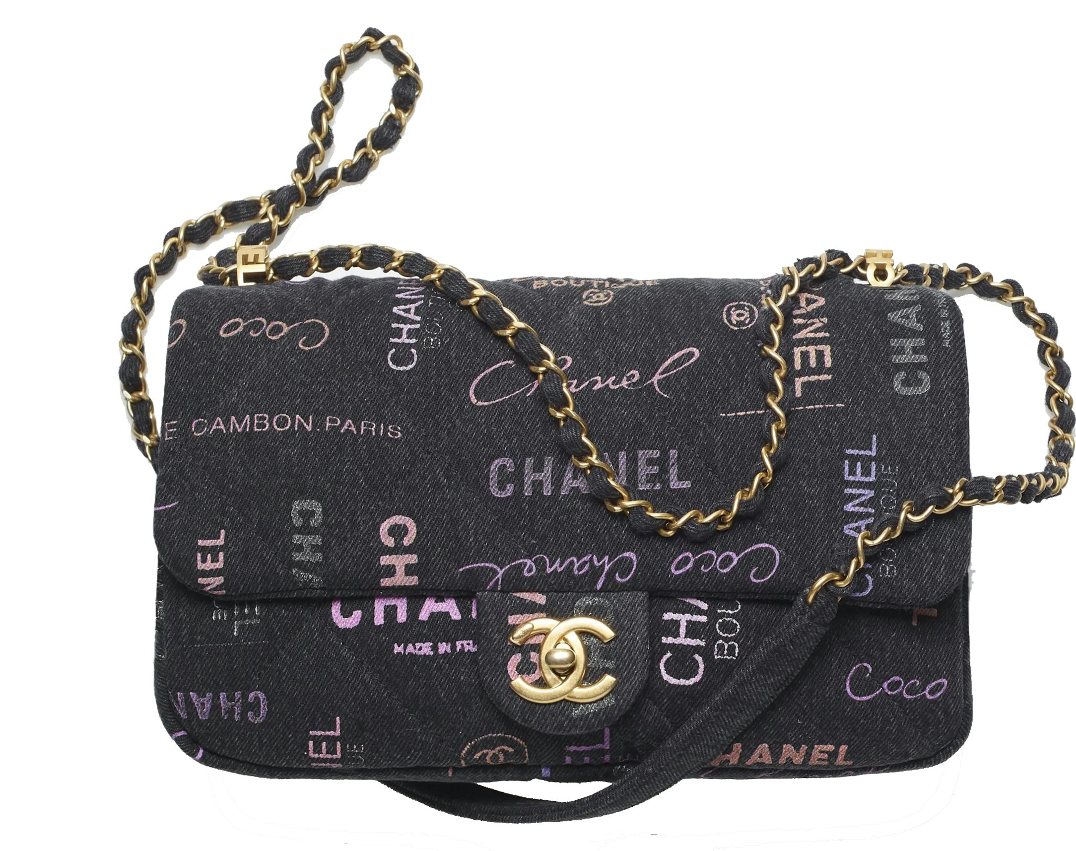 NWT 22P Chanel Classic Black Printed Denim Large Flap Bag Gold HW Crossbody