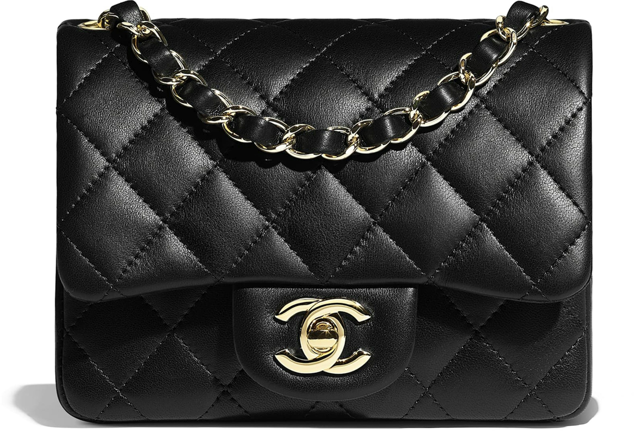 Mini flap bag, Lambskin, patent calfskin & gold-tone metal, black — Fashion
