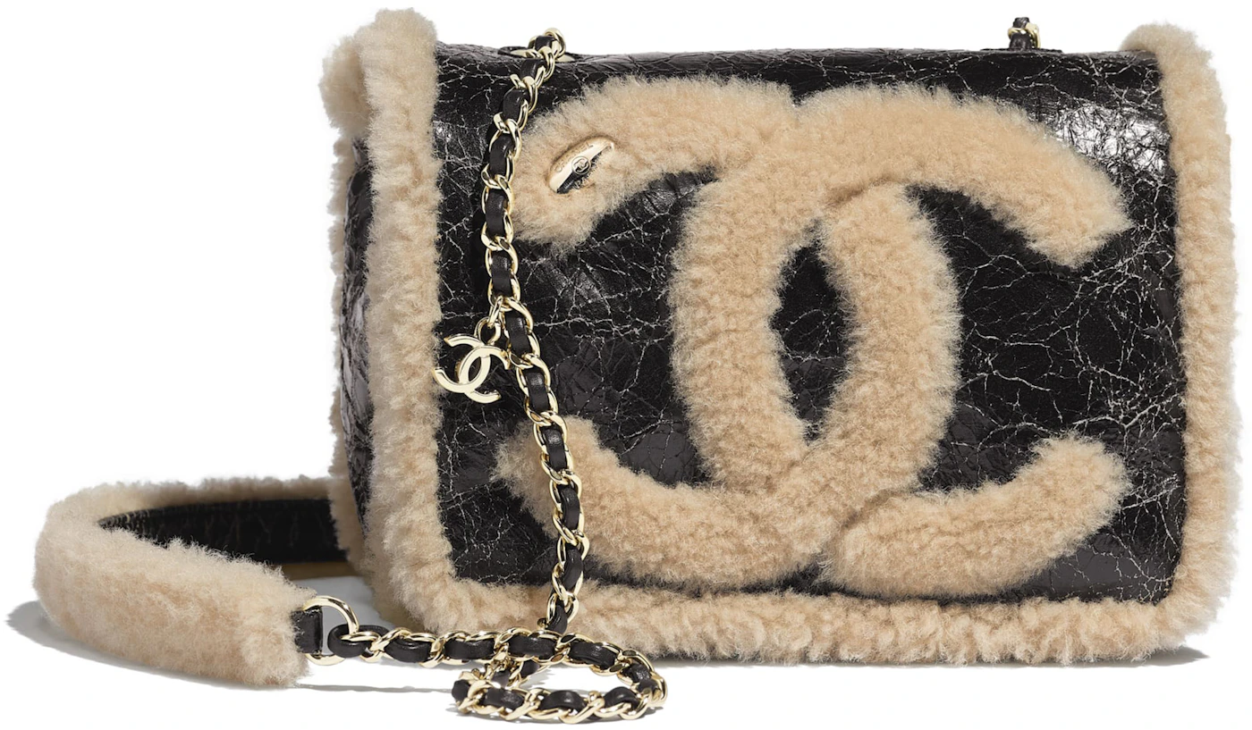 Chanel Black Shiny Crumpled Sheepskin and Shearling Sheepskin Flap Bag