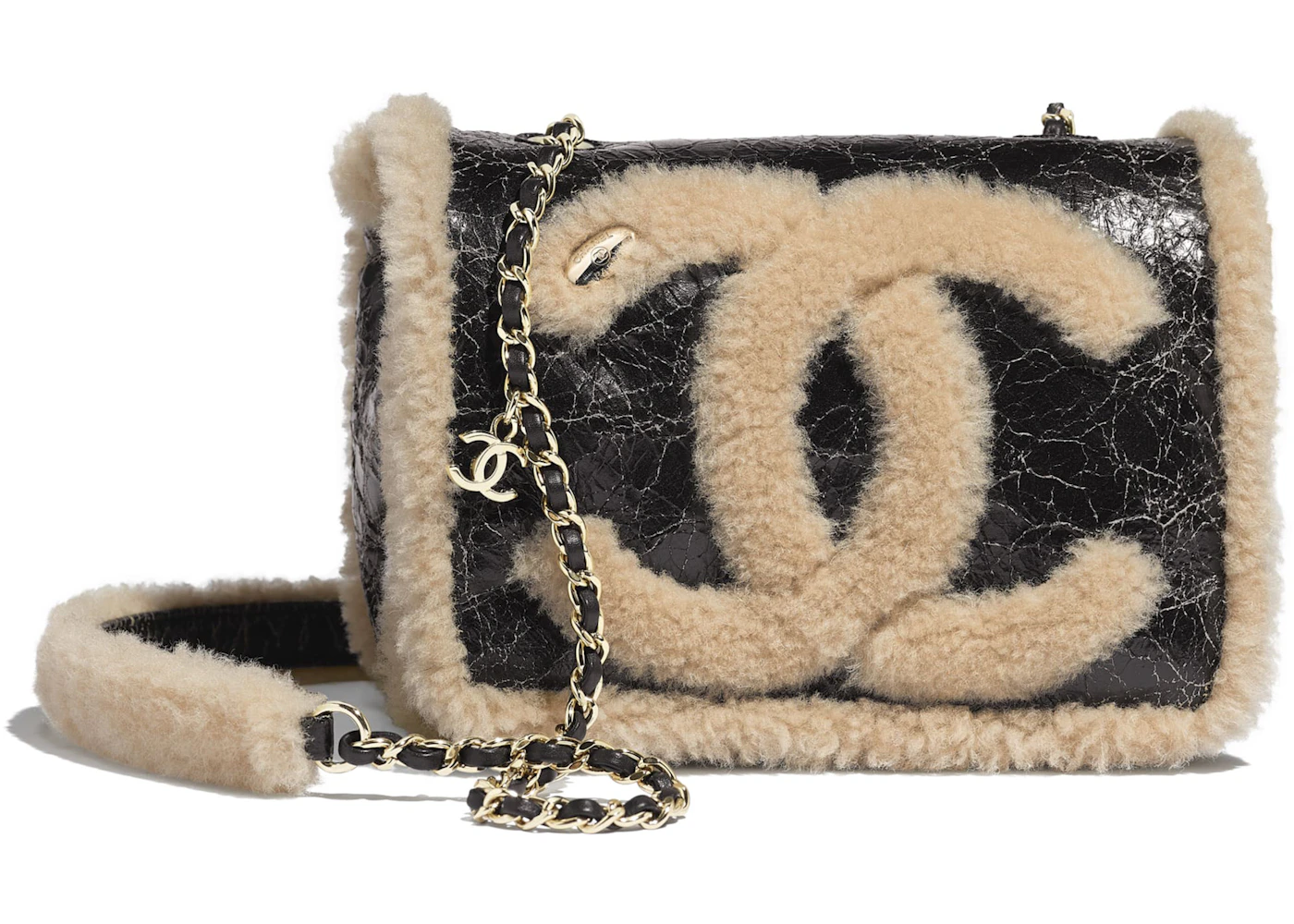 Chanel Flap Bag Shearling CC Black/Beige in Shiny Crumpled