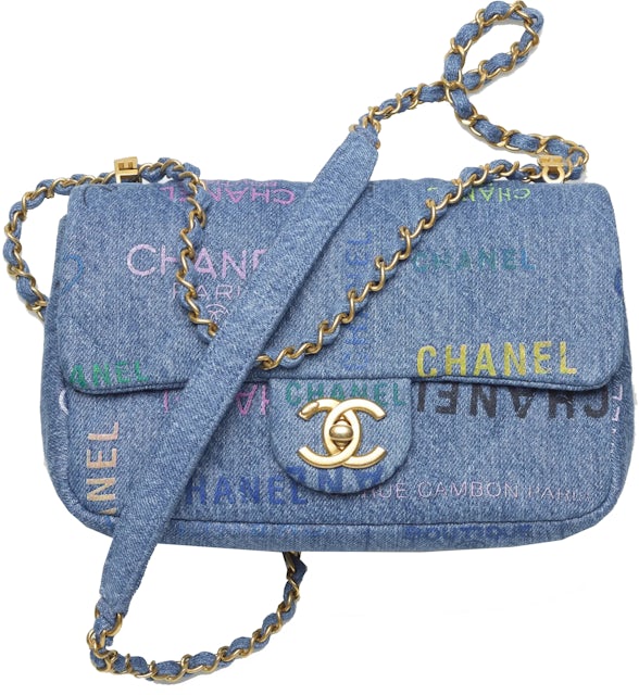 Chanel Flap Bag Small Blue/Multicolor in Printed Denim with Gold-tone - US
