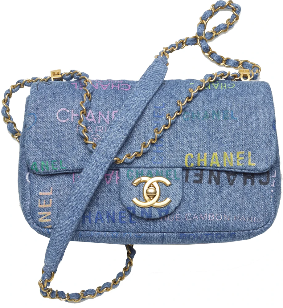 CHANEL MINI DENIM RECTANGLE SIGNATURE PRINT FLAP BAG Blue with Gold-Tone  Hardwar For Sale at 1stDibs